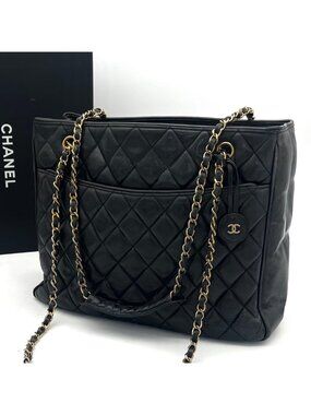 Chanel Quilted Tote Chaintote Black Lambskin CC Logo
